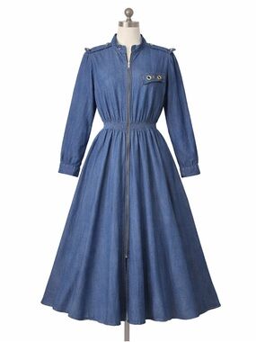 VTG Rafael Denim Maxi Dress Women's M Blue Studded Grommet Zip Front 80s Cowgirl